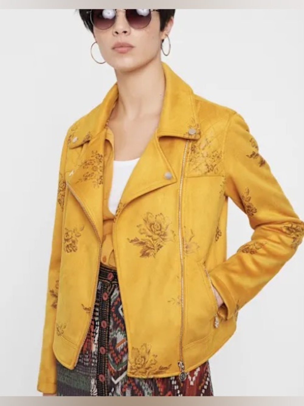 Desigual Mustard Yellow Floral Embroidered Leather Moto Jacket